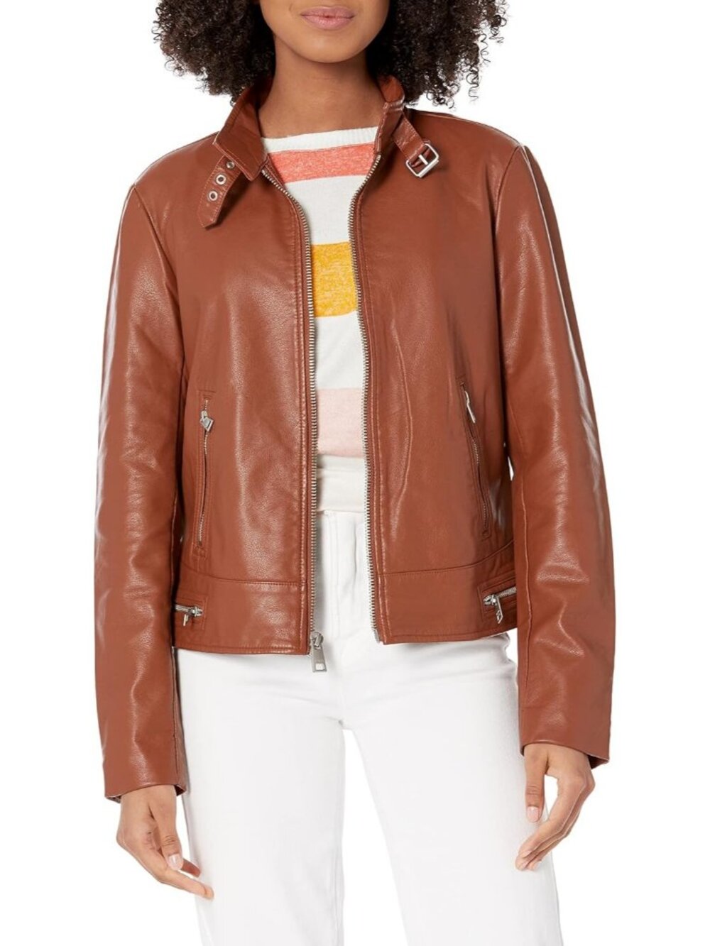Women's Camel Brown Latch Faux Leather Motocross Snap Down Collar Casual Jacket